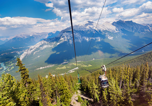 Banff National Park gondola cable cars on a steep incline of the Canadian Rockies provide a great outdoors, natural landscape view for tourist vacations to the Canadian Rockies travel destination, Alberta, Canada. A tranquil, idyllic summer scene, comprised of mountain peaks and forests, from Sulphur Mountain, a high observation point.