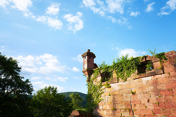 Heidelberg, Germany - January 1, 2000: Detail of wall surrounding castle of Heidelberg and view into valley.