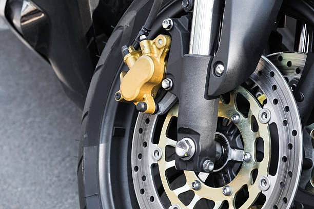Close up of braking mechanism on motorcycle stock photo