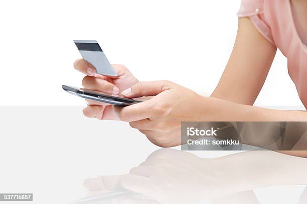 Woman Shopping Using Credit Card On White Background Stock Photo - Download Image Now