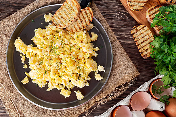 Scrambled eggs on Pan with grilled toast.