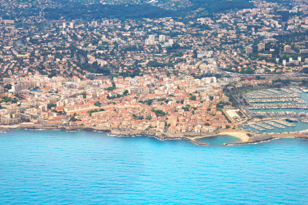 Aerial view of Antibes, French Riviera The port, named Vauban, is one of the biggest in Europe with space for more than 2.000 boats. leisure activity french culture sport high angle view stock pictures, royalty-free photos & images