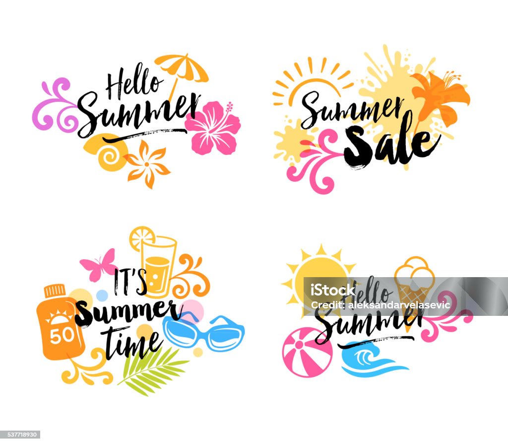 Summer Graphics - Icons Summer signs with icons: suntan lotion,beach umbrella, lemonade, butterfly, ice cream, beach ball, ice cream and sunglasses.File is layered with global colors.More works like this linked below.http://www.myimagelinks.com/Lightboxes/summer_files/shapeimage_2.png Summer stock vector