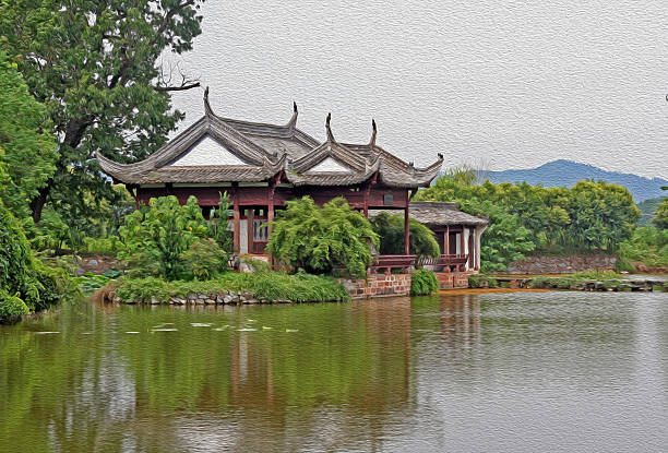 Ancient pavilion by the river in Anhui province, China,  stylized and filtered to resemble an oil painting