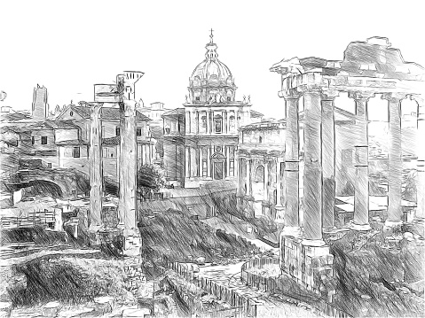 Roman ruins in Rome, Forum Romanum. Illustration in draw, sketch style