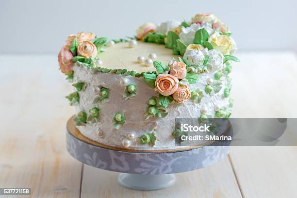 Cake With Cream Roses Stock Photo - Download Image Now - Birthday, Birthday Cake, Cake