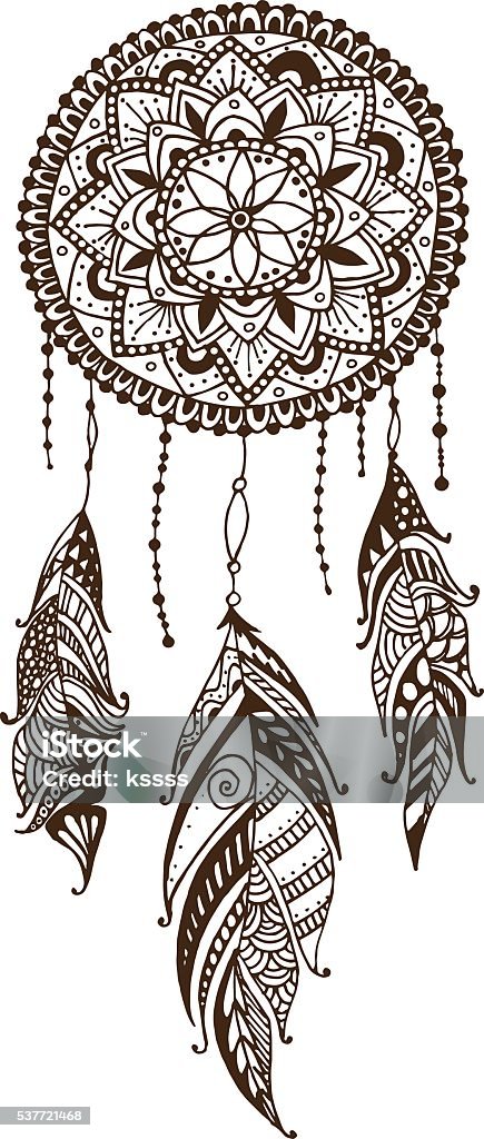 Hand-drawn dreamcatcher with feathers. Ethnic illustration, tribal Abstract stock vector