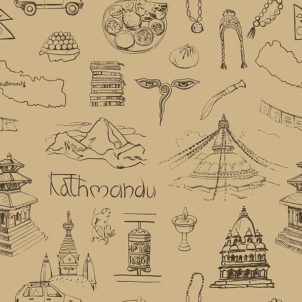 бесшовный узор с катманду достопримечательностей. - bodnath stupa kathmandu stupa flag stock illustrations