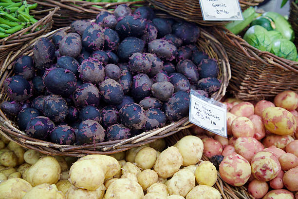 красный белый и синий картофель на рынке фермеров's - red potato raw potato market red стоковые фото и изображения