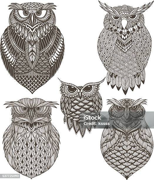 Owl Vector Set Handdrawn Illustration Stock Illustration - Download Image Now - Abstract, Animal, Animal Markings