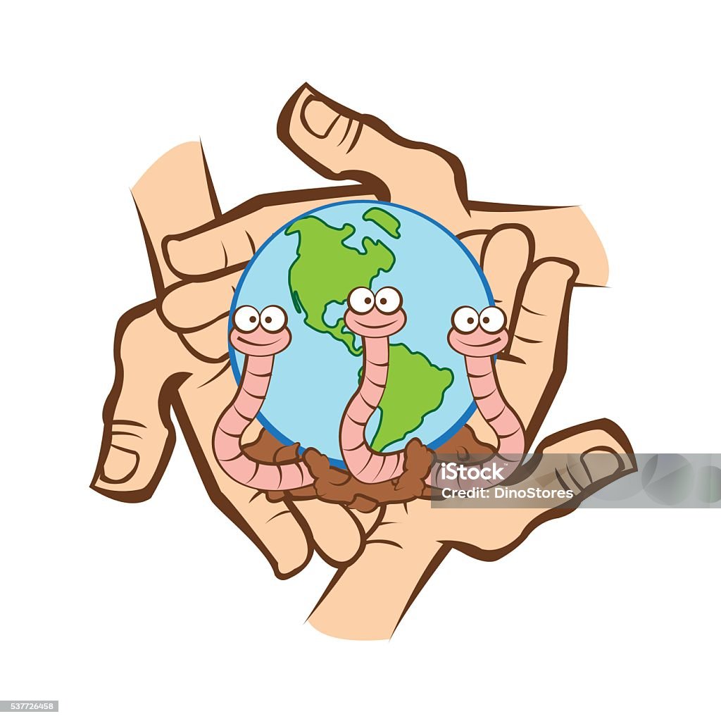 Earthworm Recycler's World tthree worms with globe and hands in the background Compost stock vector