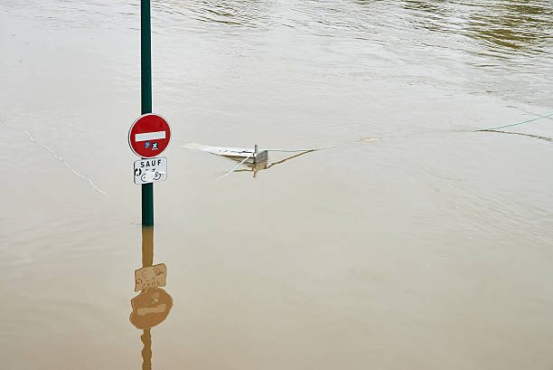 istock Sign in flooded river Seine in Paris 537727616