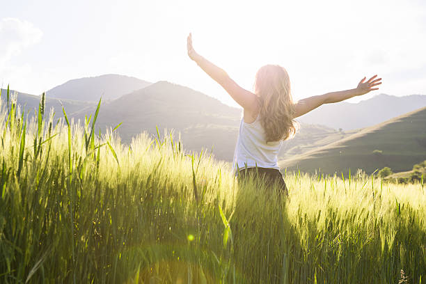 young beautiful woman with hands raised in the wheat field stock photo