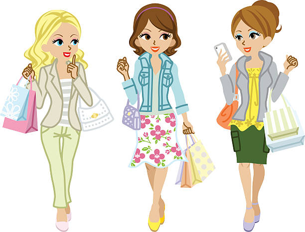 쇼핑 걸스 연두빛 옷 - three people women teenage girls friendship stock illustrations