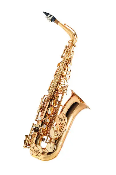 Golden alto saxophone classical instrument side view isolated on white