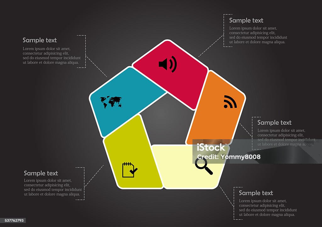 Pentagon infographic with round corners Illustration with pentagon infographic with five color parts and simple signs inside on black background and space for your text 2015 stock illustration