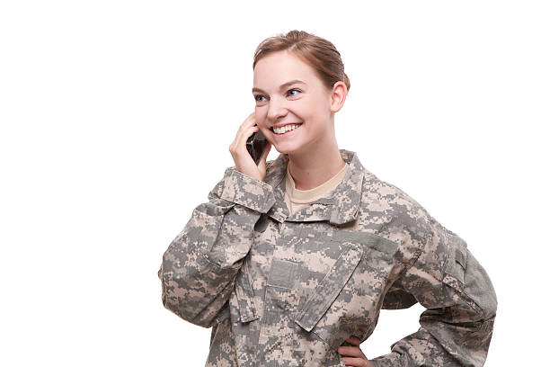 istock Happy female soldier talking on mobile phone 537789775