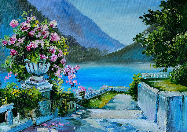 istock Oil Painting - stone embankment, filled with flowers 537790319