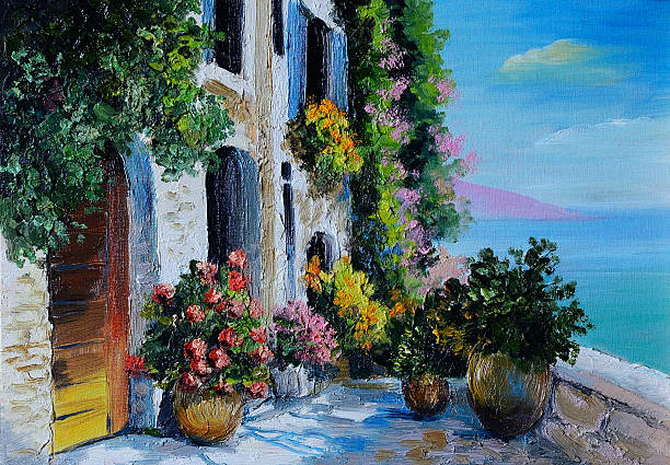 istock Oil Painting - stone embankment, filled with flowers 537790331