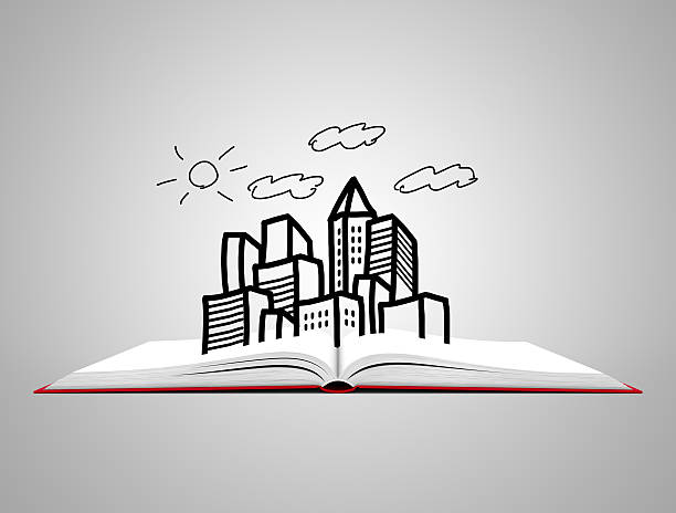 istock Open white book with sketch of city 537790815