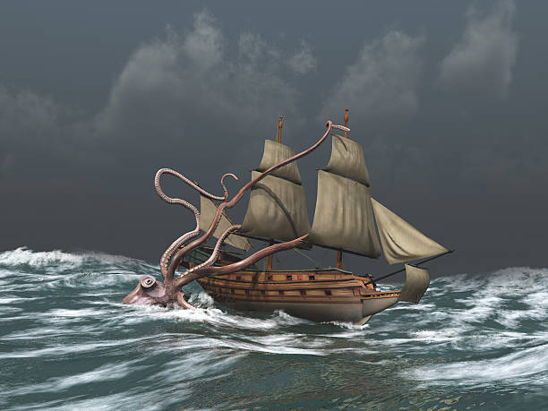 kraken attaccare un'antica nave - kraken foto e immagini stock