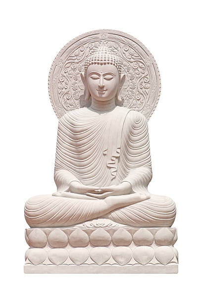 buddha-statue nahaufnahme, isoliert auf weißem hintergrund. - venerable stock-fotos und bilder