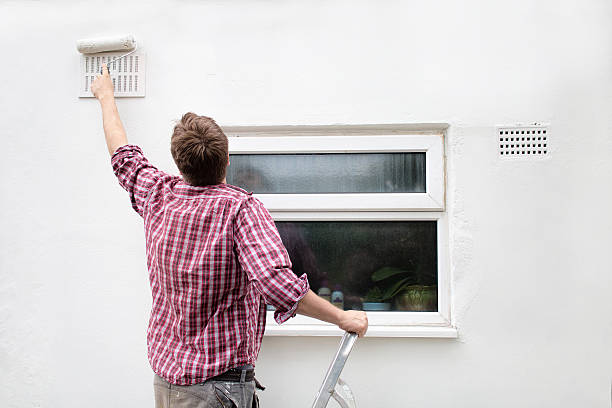 istock Man painting house wall, stepladder and roller. DIY Home Improvement. 537803944