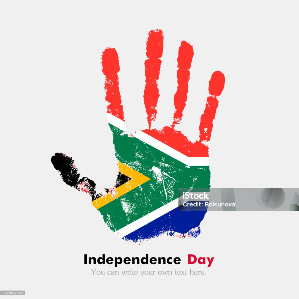Handprint with the Flag of South Africa in grunge style Hand print, which bears the Flag of South Africa. Independence Day. Grunge style. Grungy hand print with the flag. Hand print and five fingers. Used as an icon, card, greeting, printed materials. South African Flag stock vector