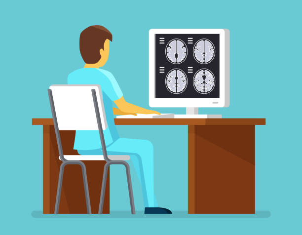 bildbanksillustrationer, clip art samt tecknat material och ikoner med doctor researches results of mri scan - brain scan'