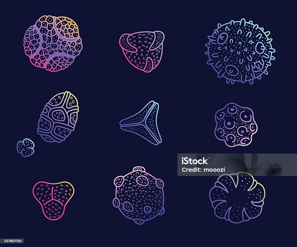 Colorful pollen spores set. Pollen grains under microscopy. Allergy concept. False coloured scanning. Plant Cell stock vector