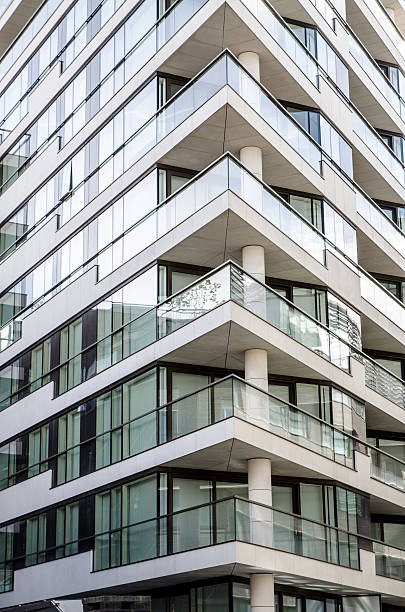istock Close up on empty condominium corner to show pointed balconies 537813700