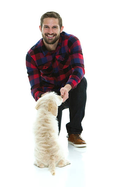 istock Smiling casual man playing with his dog 537814566