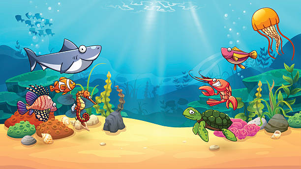 ilustraciones, imágenes clip art, dibujos animados e iconos de stock de animales en mundo submarino - shark animal blue cartoon