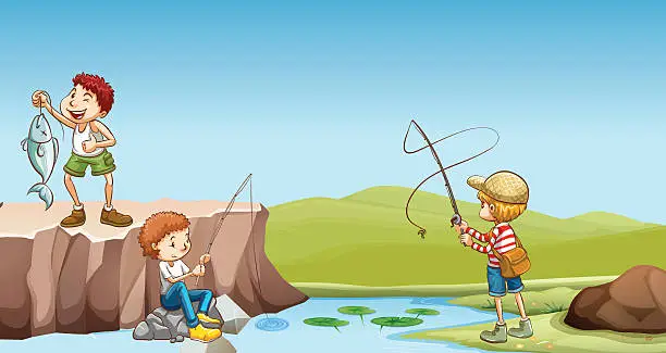 Vector illustration of Three boys fishing at the river