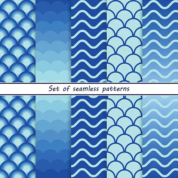 Vector illustration of set of seamless patterns with blue waves