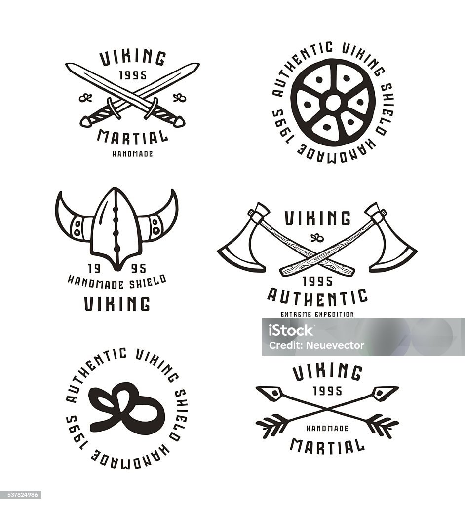 Viking emblems in hand-drawn style Viking emblems in hand-drawn style. Graphic design for t-shirt. Isolated on  white background Fashion stock vector