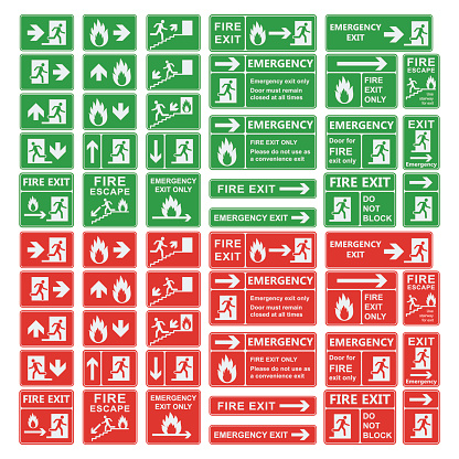 Set of emergency exit sign vector. Fire exit, emergency exit, fire assembly point, evacuation lane, fire extinguisher. For emergency use only, no re-entry building exit sign. Exit sign green warning.