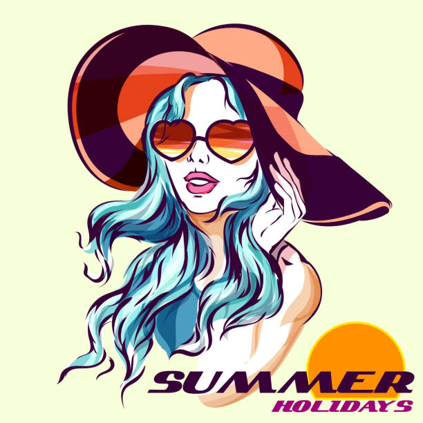 mädchen in sonnenbrille beach stil und sommer-logo - women summer hat tinted sunglasses stock-grafiken, -clipart, -cartoons und -symbole