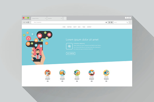 Web browser with website, editable vector format.