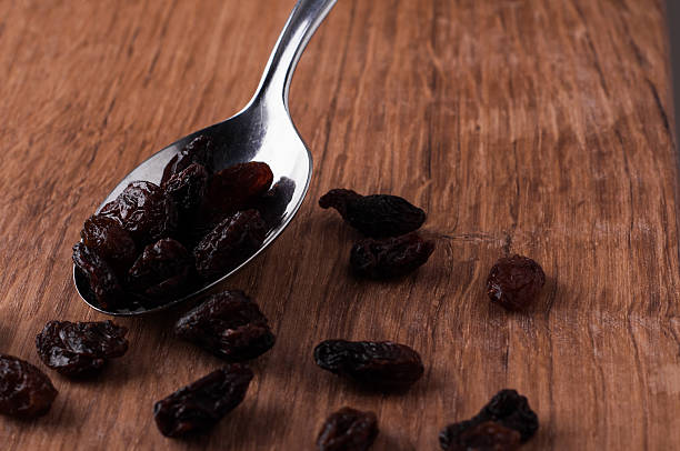 istock risins on metal spoon on brown wooden table 537829134