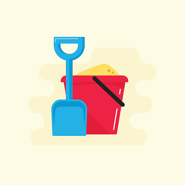 Bucket and spade with sand vector icon Bucket and spade with sand vector illustration flat icon isolated, kid toys tools symbol, pail shovel label, bucket and spade modern design banner, sandbox place sign ribbon design concept sand pail and shovel stock illustrations