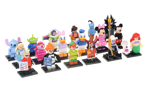 Adelaide, Australia - June 05, 2016:A studio shot of a Complete Disney Series 1 Lego Minifigure Collection isolated on a white background. Lego is extremely popular worldwide with children and collectors.