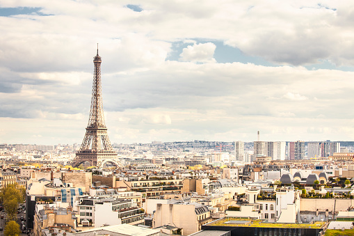 Eiffel tower view from the top of Arc de Triomphe, Paris, France.