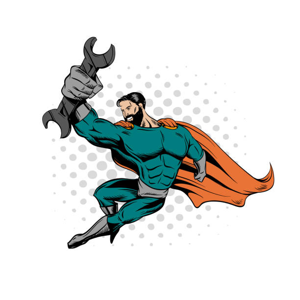 Superhero bearded hipster holding wrench. Hand drawn vector illustration Superhero bearded hipster holding wrench. Hand drawn vector illustration garage clipart stock illustrations