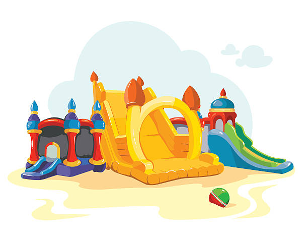 ilustrações de stock, clip art, desenhos animados e ícones de ilustração vetorial de insufláveis, castelos e crianças no parque infantil colinas - bouncer