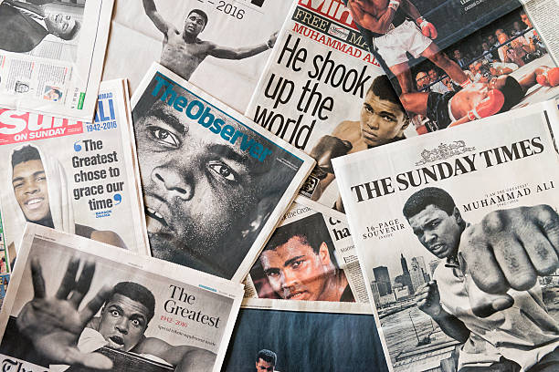 Muhammad Ali on newspaper front page tributes Edinburgh, UK - June 5, 2016: The front pages of a collection of British newspapers, featuring images taken during the career of former world heavyweight champion boxer Muhammad Ali, following his death on 3rd June 2016. news event photos stock pictures, royalty-free photos & images