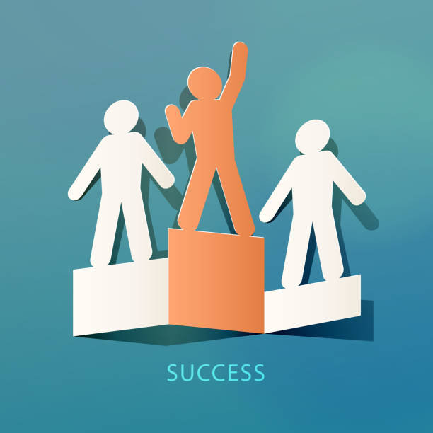 Success Concept Paper Cut Cutted paper people - the winner stand on the podium. top honor stock illustrations