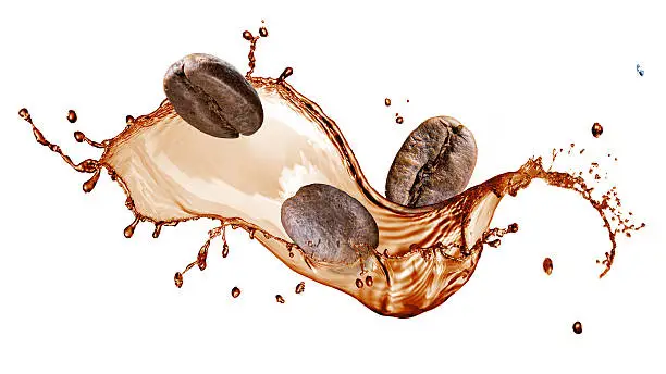 Photo of Coffee beans with splash isolated on white