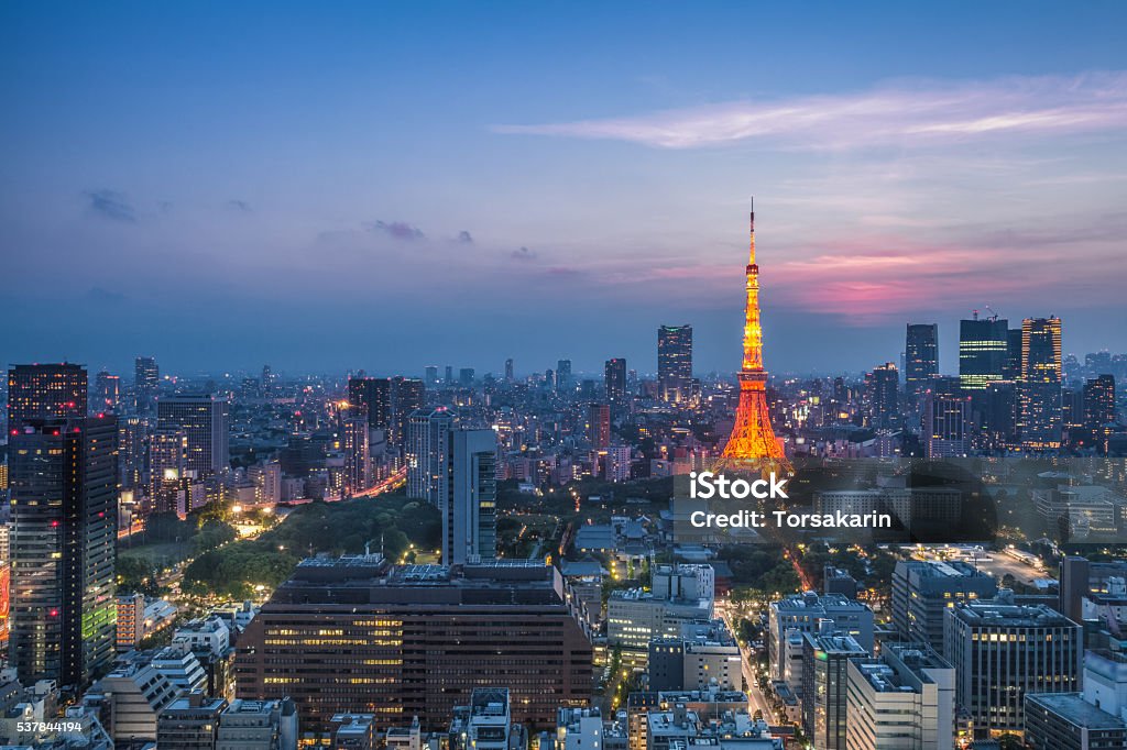 Tokyo city view and Tokyo Tower Tokyo city view and Tokyo Tower at Sunset in spring season Tokyo Tower - Minato Stock Photo