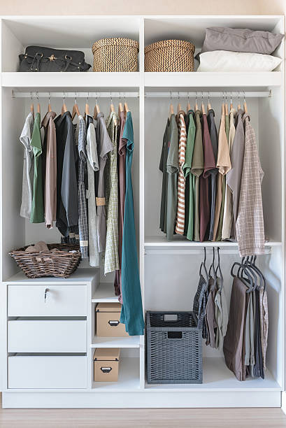 istock clothes and dress hanging on rail in white closet 537845892